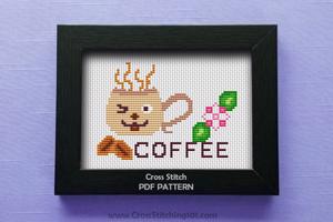 Coffee - Coffee Cup With Beans and Flower Cross Stitch Design