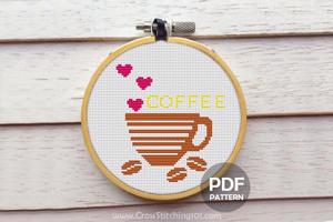 Coffee Cup with Hearts Cross Stitch Design