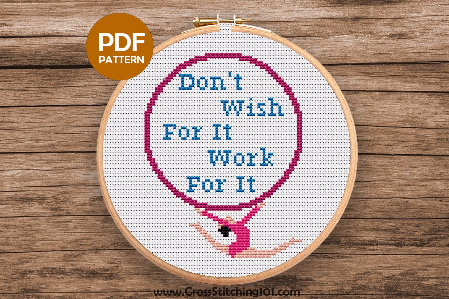 DON_T wish for it, WORK for it - Gymnastics Girl with Circle Ring Cross Stitch Design