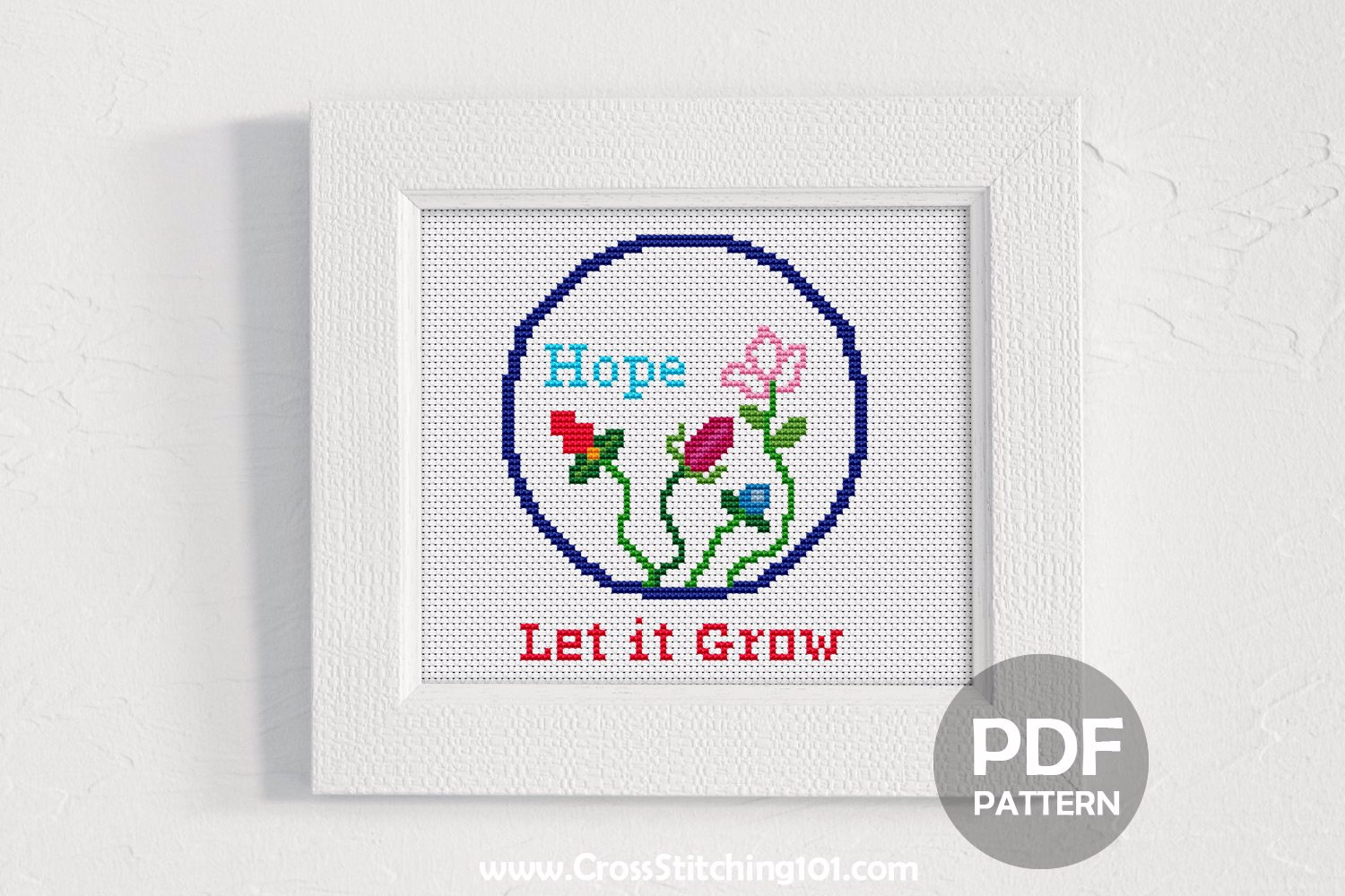HOPE LET IT GROW -Circle with Small Plants Cross Stitch Design